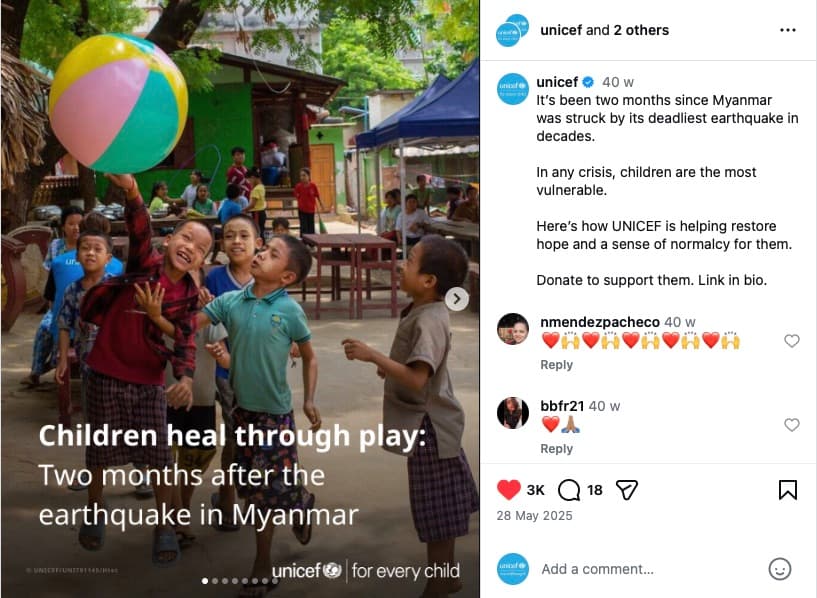 Instagram carousel post showing children participating in play-based healing activities after the Myanmar earthquake